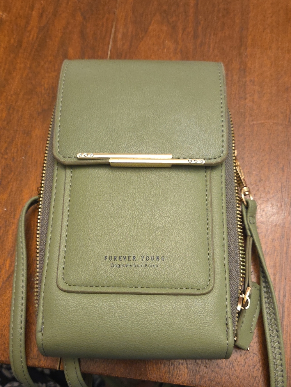 Forever Young Olive Green Crossbody Phone Pouch with Gold Accent